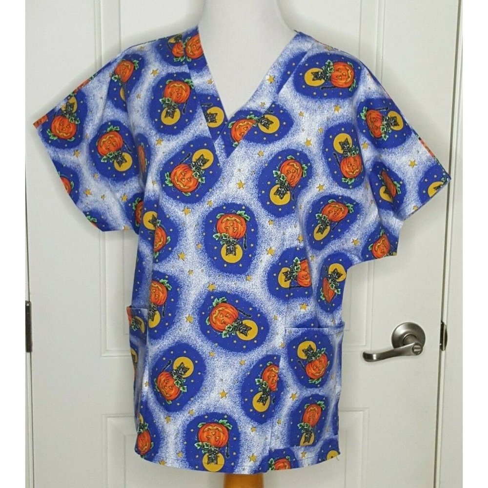 Jasco Medical Scrub Top Halloween Pumpkin Black Cat 2 Pocket Size Med